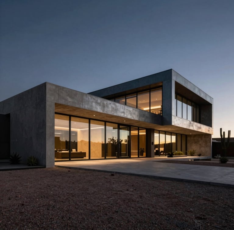 Low-key twilight architectural photograph of a modern desert estate in Mesa, dramatic concrete and glass cantilever structures casting metallic reflections, wide framing