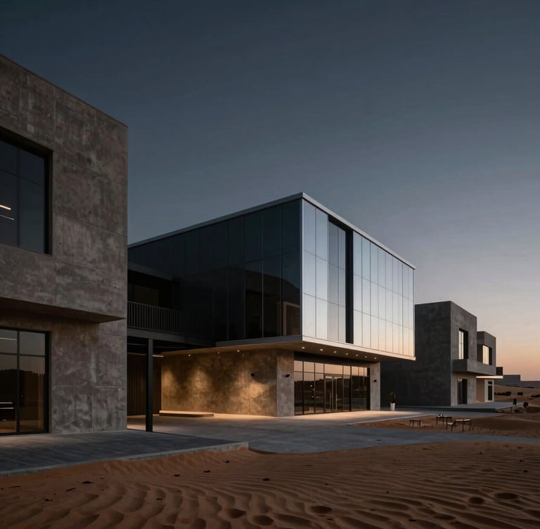 Wide environmental shot of modern desert commercial architecture with concrete and steel elements, dramatic low-key twilight lighting, deep charcoal tones