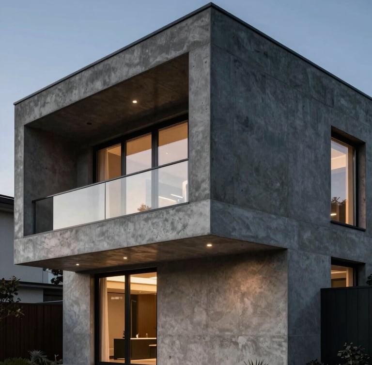 A close-up of a modern luxury concrete and steel home facade at dusk, reflecting warm architectural uplighting, deep charcoal and silver tones