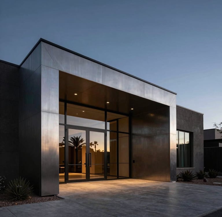 Dramatic low-key architectural photograph of a modern desert estate entrance in Mesa at twilight, brushed metal and glass facade reflecting soft ambient light, deep charcoal tones, premium editorial style.