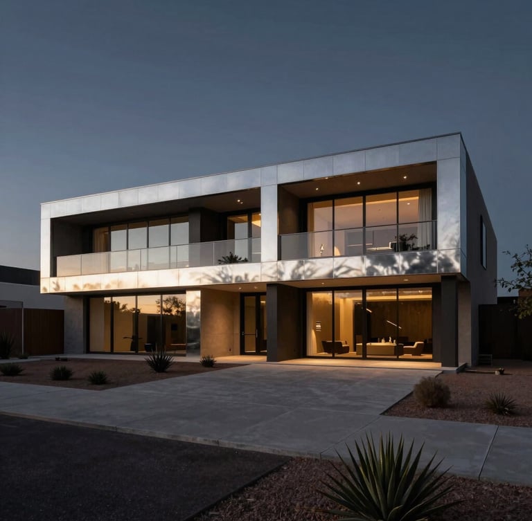 Dramatic low-key architectural photography of a modern luxury desert estate in Mesa, Arizona, twilight lighting, metallic reflections, wide crop