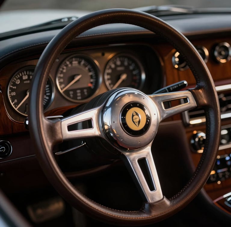 Macro detail of a vintage luxury car's leather steering wheel and polished silver dashboard instruments, warm low-key lighting, premium editorial style