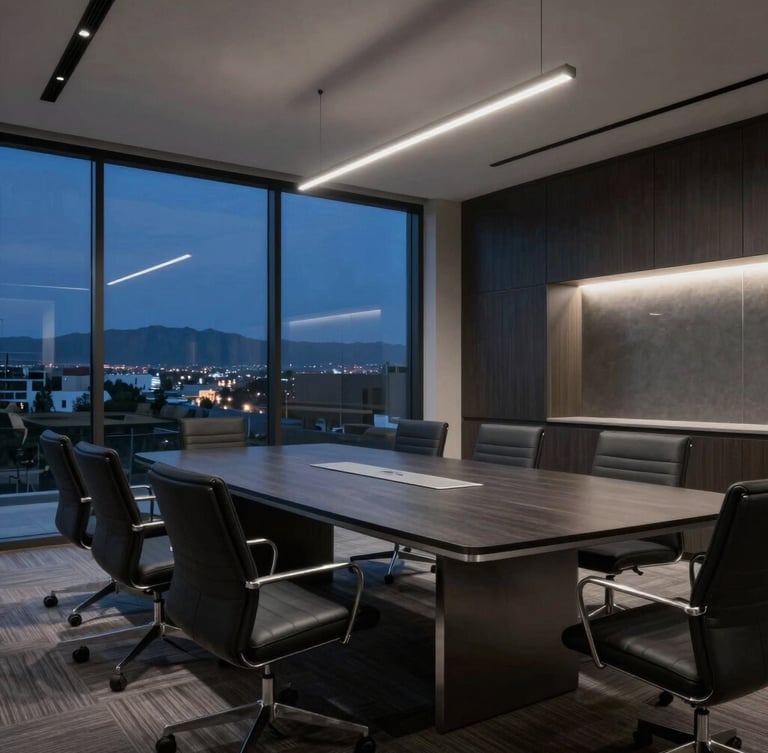 Low-key architectural photograph of a sophisticated corporate boardroom interior in Mesa, twilight lighting through glass windows, dark charcoal executive table, silver accents