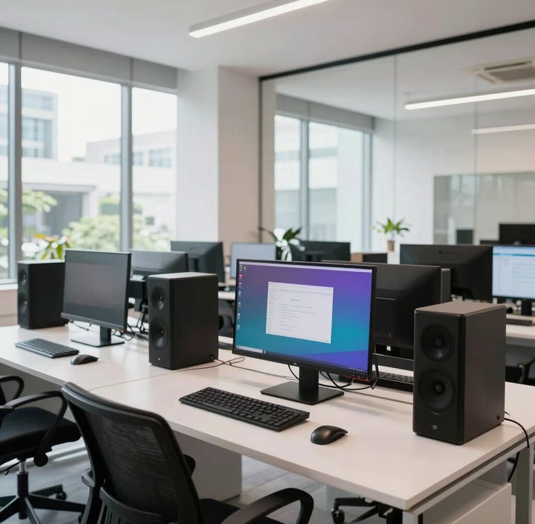 Professional editorial photography of a modern, highly organized creative studio space in Jakarta, bright natural daylight, high-spec workstations with color-accurate monitors, clean architectural lines.