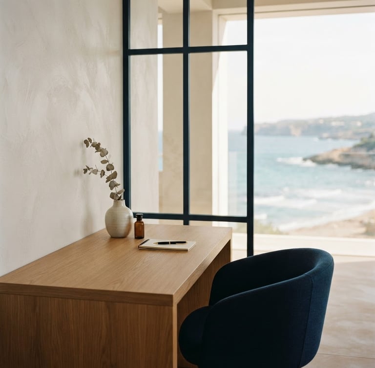 Minimalist high-end clinic interior overlooking soft coastal light, pearl white and warm sand tones, architectural negative space, warm editorial photography.