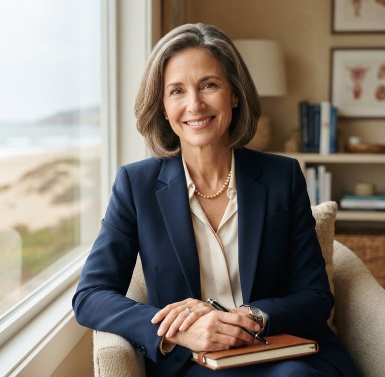 Serene professional portrait of a female neuropsychologist in warm diffused coastal daylight, soft sandy background, elegant and empathetic expression, shallow depth of field