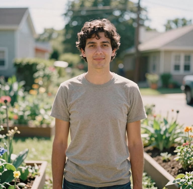 A warm editorial portrait of a local community organizer standing in a sunlit neighborhood garden, natural daylight, 35mm film look, shallow depth of field.