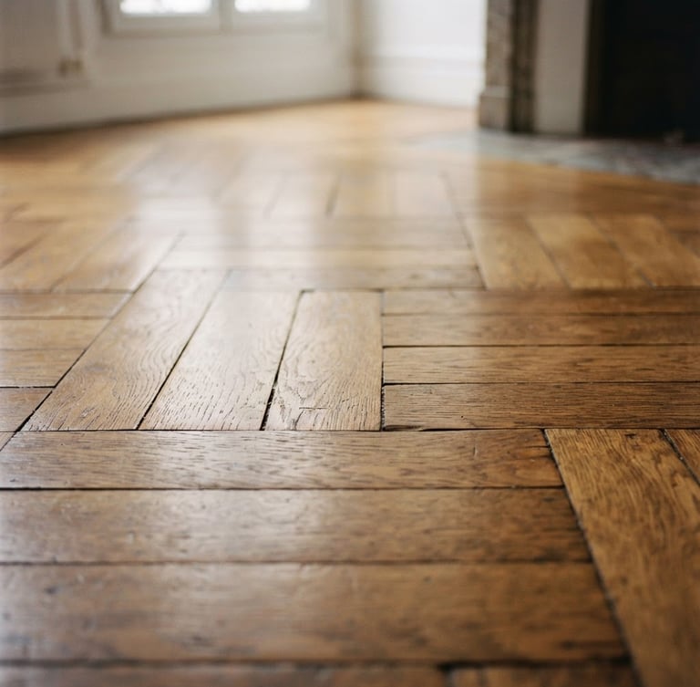 Close-up of a historic Lyon apartment parquet floor, warm oak wood grain, soft natural daylight filtering from high windows, shallow depth of field, 35mm photography