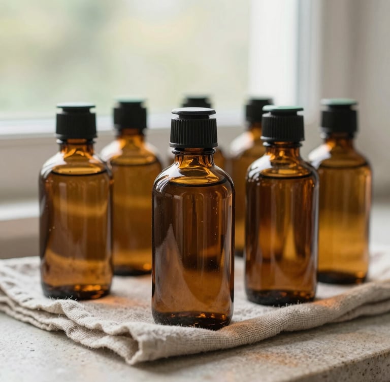 Close-up of amber glass bottles and a linen cloth on a stone countertop, soft natural window light, warm oak and sage green accents, editorial photography, 35mm.