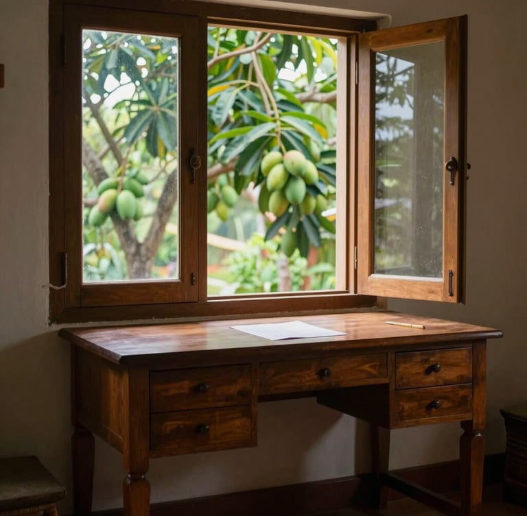A quiet corner inside a Southern Indian homestay featuring a solid wood writing desk facing a large window with views of lush mango trees, soft indirect daylight.