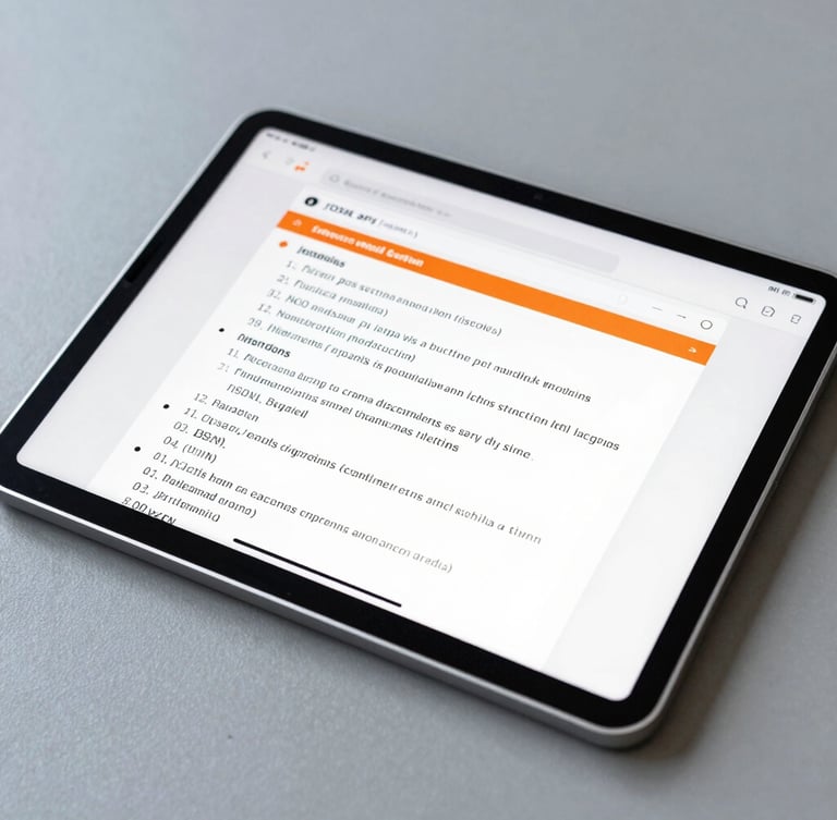 Close-up of a high-resolution tablet displaying clean JSON API documentation on a slate gray desk, technical layout, crisp morning light, sharp focus