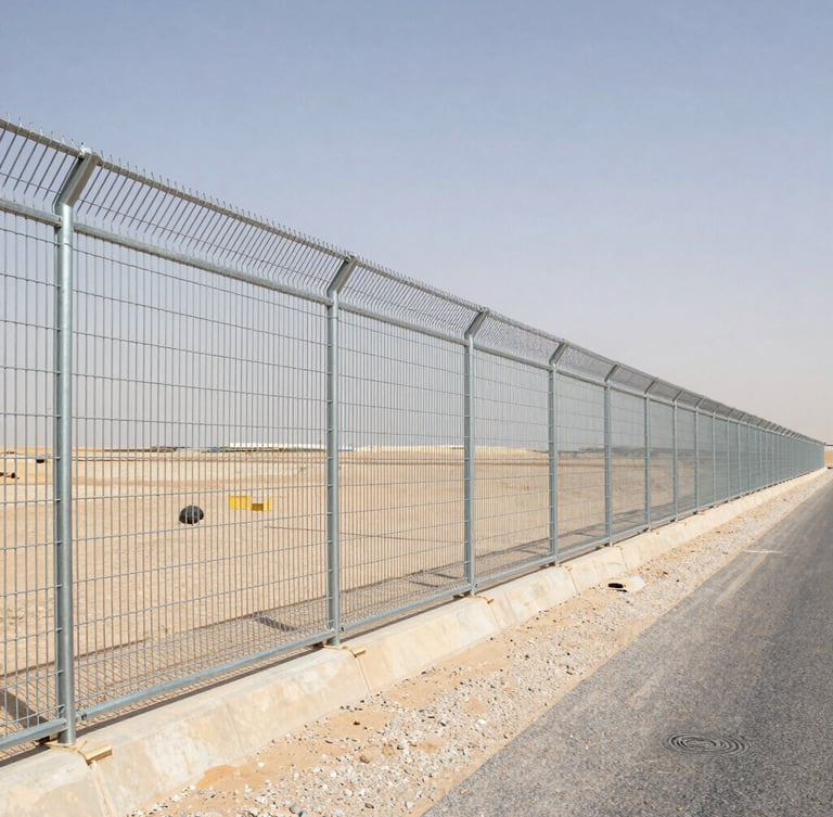 Industrial photography of a long galvanized steel security fence running along a desert highway under bright Saudi sun, 35mm wide angle