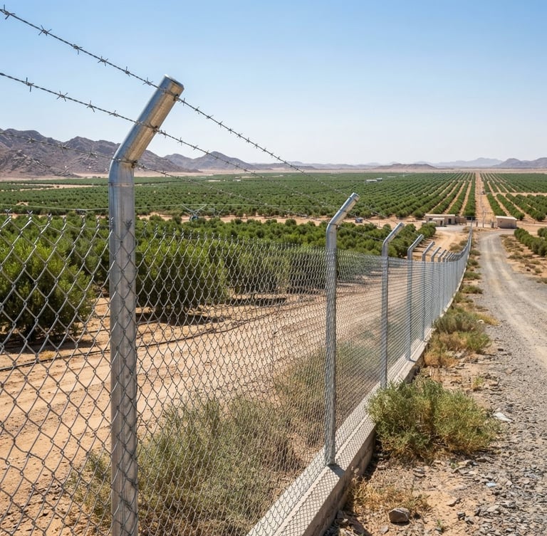 An expansive Saudi organic farm in Al-Jouf, secured by a high-tension galvanized steel chain-link fence stretching to the horizon, bright harsh desert daylight, sharp metallic textures, wide-angle lens, 35mm