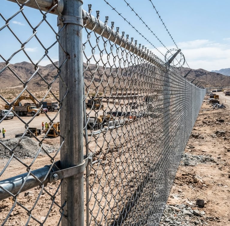 Wide-angle industrial photography of heavy-duty galvanized steel chain-link fence, bright harsh desert daylight, sharp metallic textures, 35mm