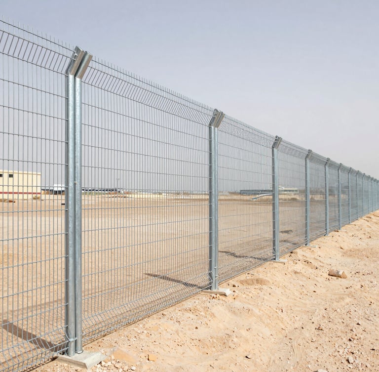 wide-angle professional industrial photography of heavy-duty galvanized steel wire fencing installed along a dusty industrial plant boundary, bright harsh desert daylight, metallic textures, sharp focus, 35mm