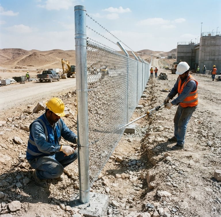 professional industrial photography of heavy-duty hot-dip galvanized steel chain-link fence installation on a Saudi infrastructure site, bright desert daylight, sharp metallic textures, 35mm