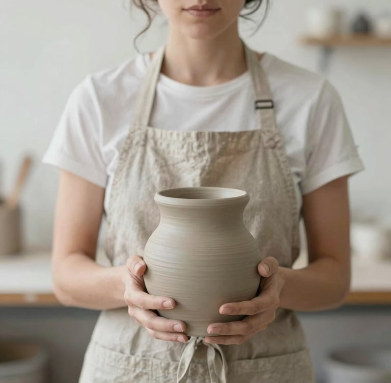 A close-up portrait of Cora Felicia Dailey in her Tallahassee studio, wearing a neutral linen apron, holding a partially shaped clay vessel, soft diffused daylight, shallow depth of field, 35mm