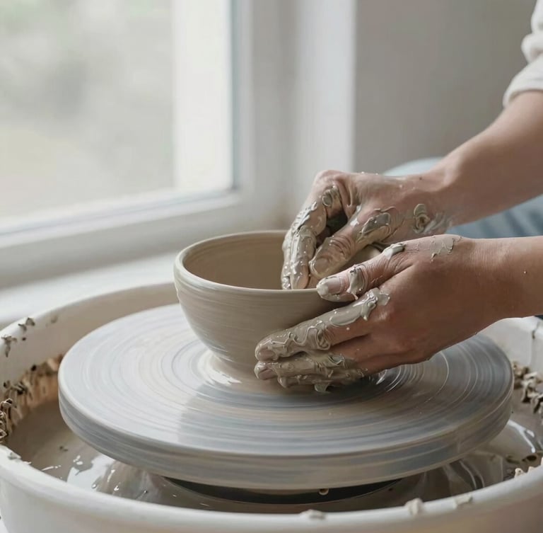 Hands covered in wet clay shaping a delicate ceramic bowl on a spinning potter's wheel, diffused natural light from a side window, soft focus, 35mm
