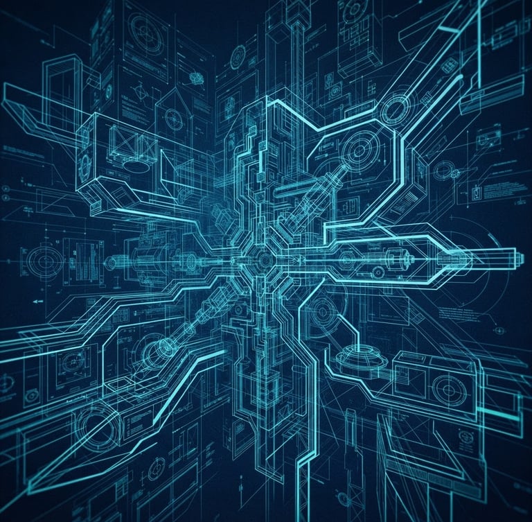 Stark technical blueprint overlay, deep space-blue background, sharp cyan accents, clinical high-contrast mood, wide architectural perspective of multi-dimensional structure.