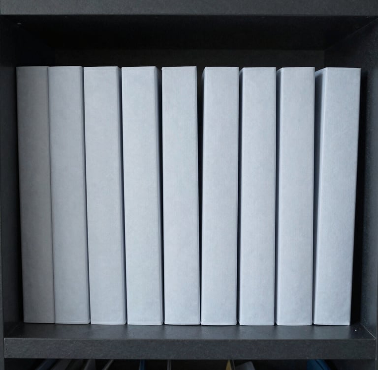 Tight crop of organized, pristine corporate folders on a dark slate shelf, cool diffused daylight, clean lines.