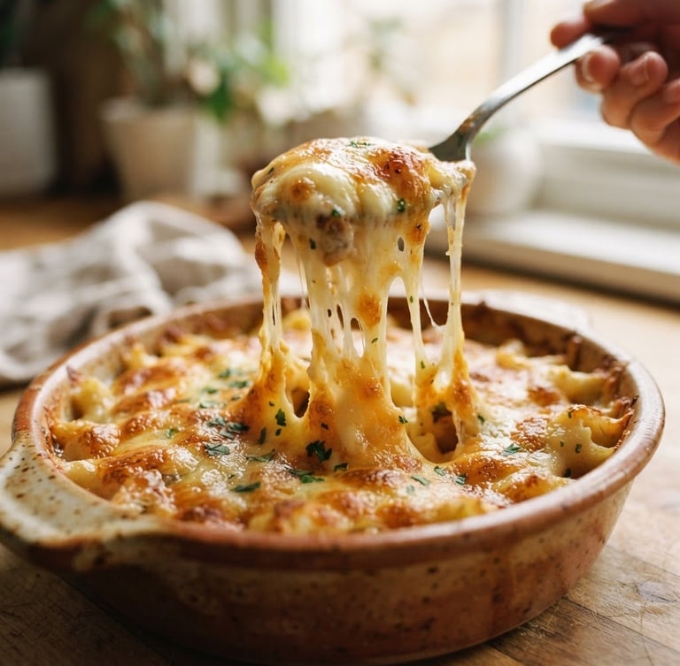 Tight vertical macro shot of bubbling golden-brown cheese pulling from a warm ceramic baking dish, cozy kitchen window light, shallow depth of field, 35mm