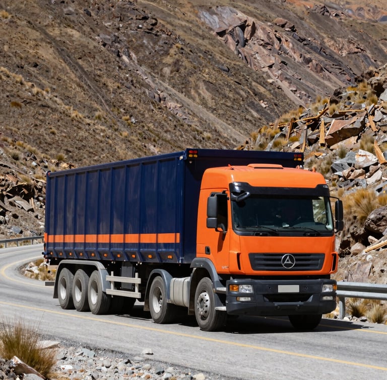Industrial logistics photography, a heavy transport truck navigating a winding mountain highway in Bolivia, crisp daylight, high contrast, sharp focus, 35mm