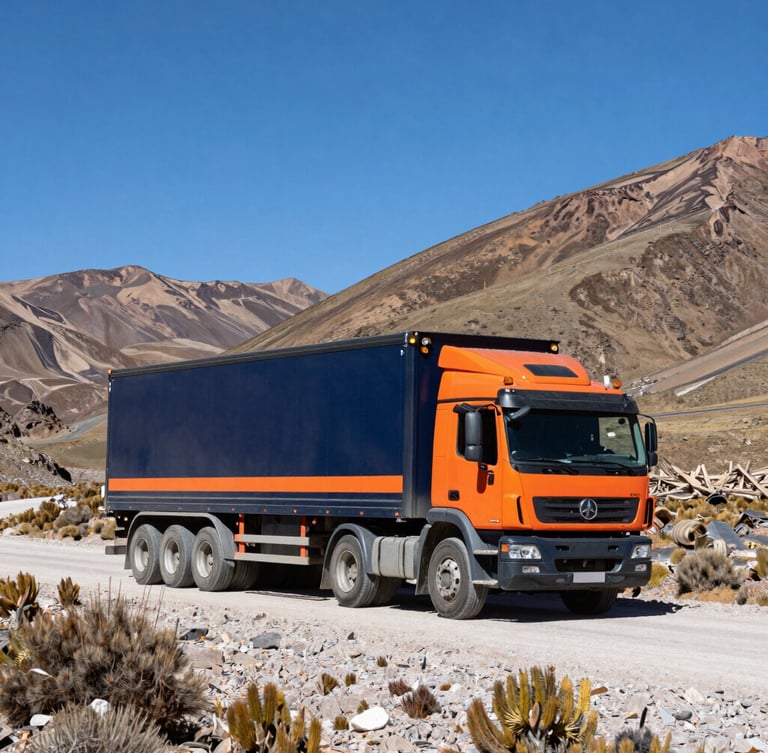 A large transport truck navigating a high-altitude Bolivian mountain pass under crisp daylight, wide environmental shot, sharp focus, 35mm