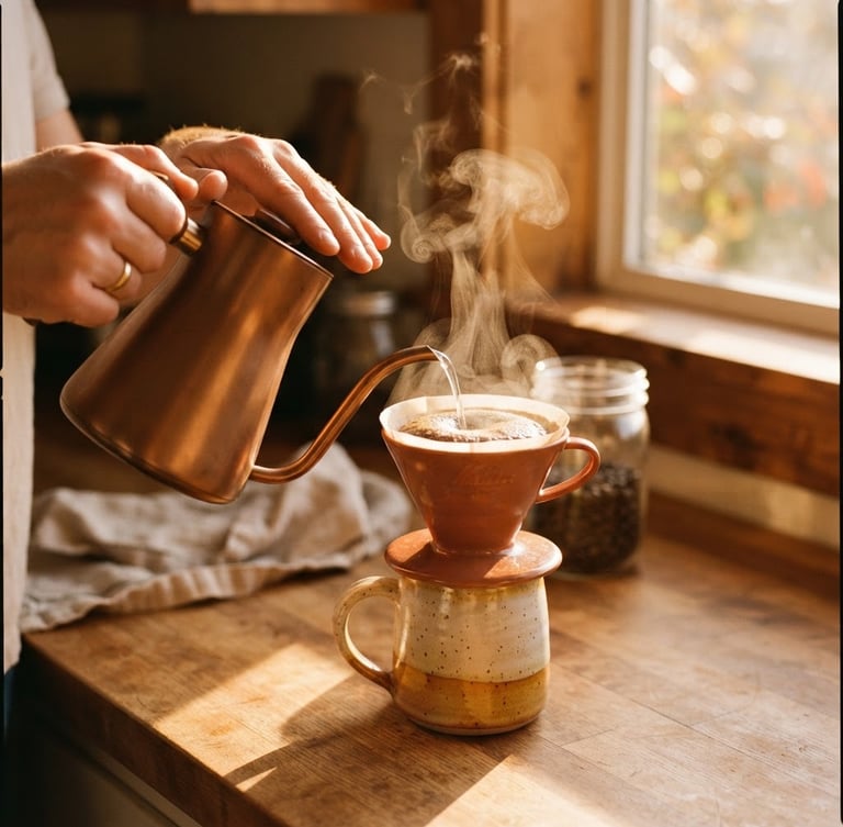 Close-up of hands gently performing a pour-over coffee ritual, golden-hour sunlight streaming through a kitchen window, steam rising from a ceramic mug, rich amber and terracotta tones, shallow depth of field.