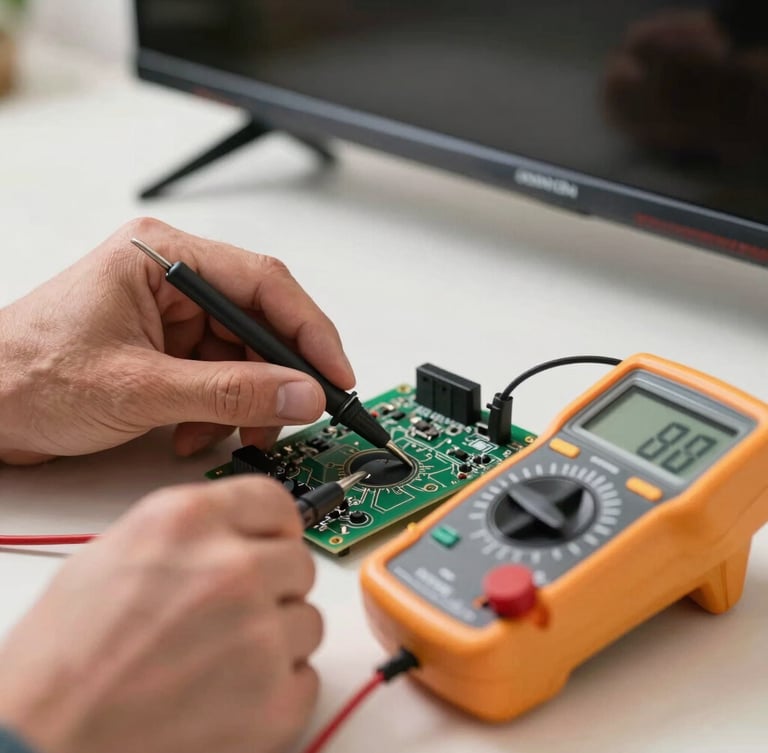 Close-up of professional hands using a digital multimeter to test a green circuit board of a smart TV, bright neutral lighting