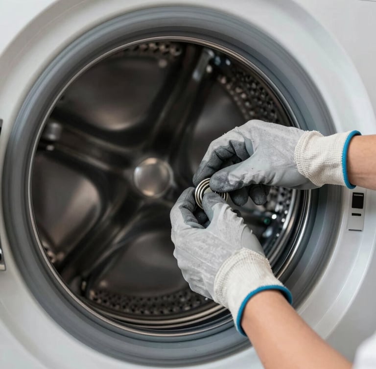 Professional hands in gray work gloves adjusting a washing machine drum control panel, bright daylight.