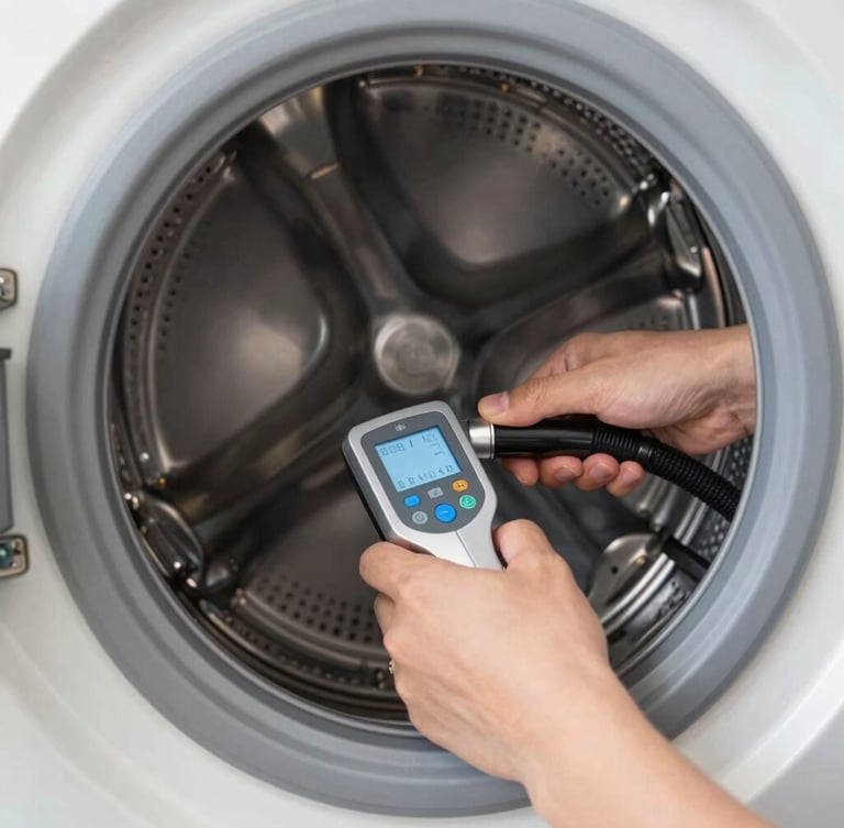 Close-up of professional technician hands using a digital tool on the internal stainless steel drum of a washing machine, clean bright technical environment, sharp focus