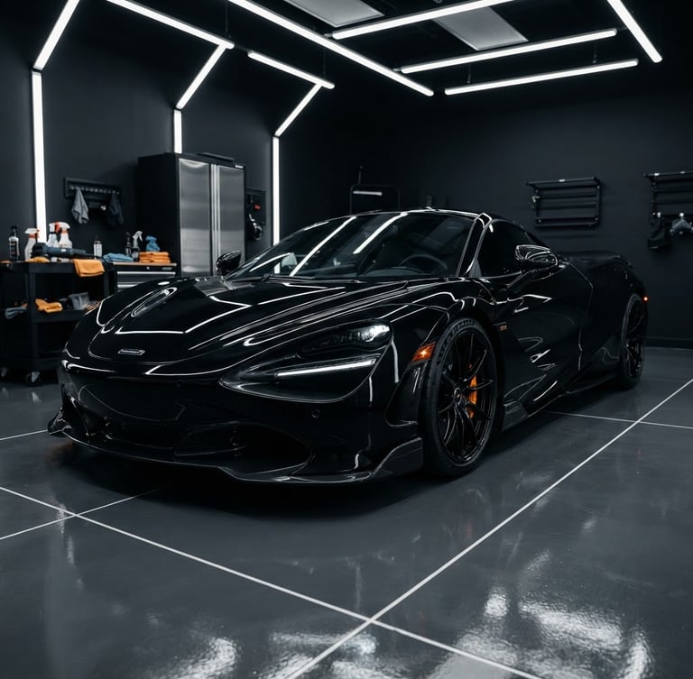Low-angle dramatic shot of a black luxury sports car in a pristine detailing bay under sharp overhead LED light bars, metallic silver reflections, 50mm lens