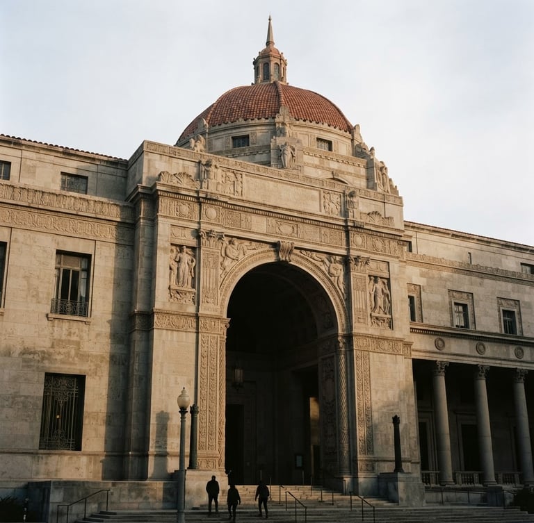 Low angle architectural shot of a classic stone library facade in Los Angeles, soft natural morning light, deep shadows, warm muted tones, 35mm film photography.