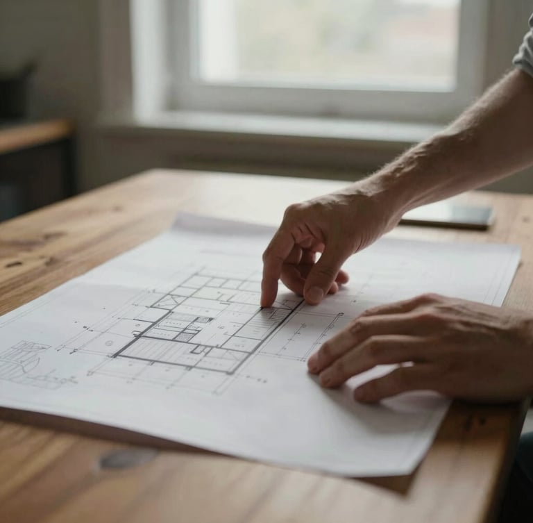 Detail of hands carefully arranging architectural blueprints on a wooden desk, soft natural window light, muted warm tones, editorial film
