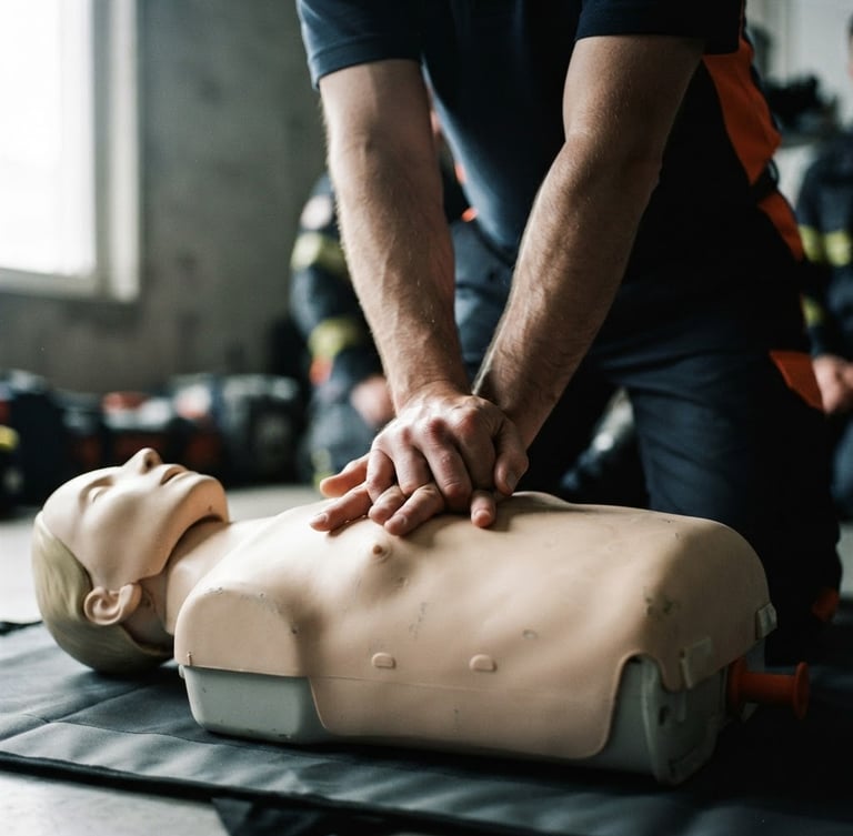 Action-oriented close-up of hands performing chest compressions on a training manikin, dramatic side-lighting, high contrast desaturated tones, 35mm