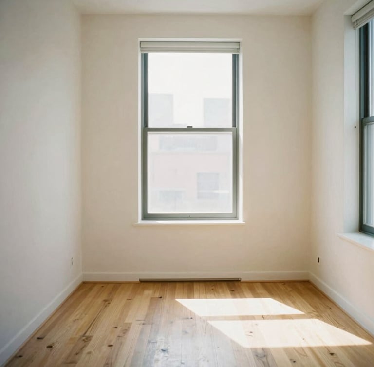 Medium shot of a sunlit Brooklyn apartment living room, warm wood floors, minimalist design, soft natural light streaming through a tall window, 35mm