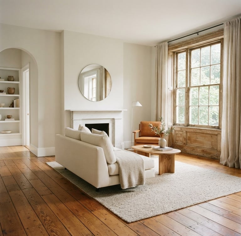 Sunlit historic Brooklyn brownstone living room, warm wood floors, pristine minimalist design, bright natural morning light, 35mm photography
