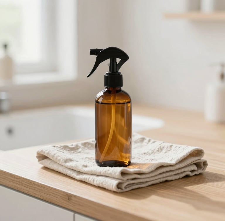 Close-up of natural cleaning ingredients, amber glass spray bottle, folded linen cloth on a clean wooden counter, soft natural daylight