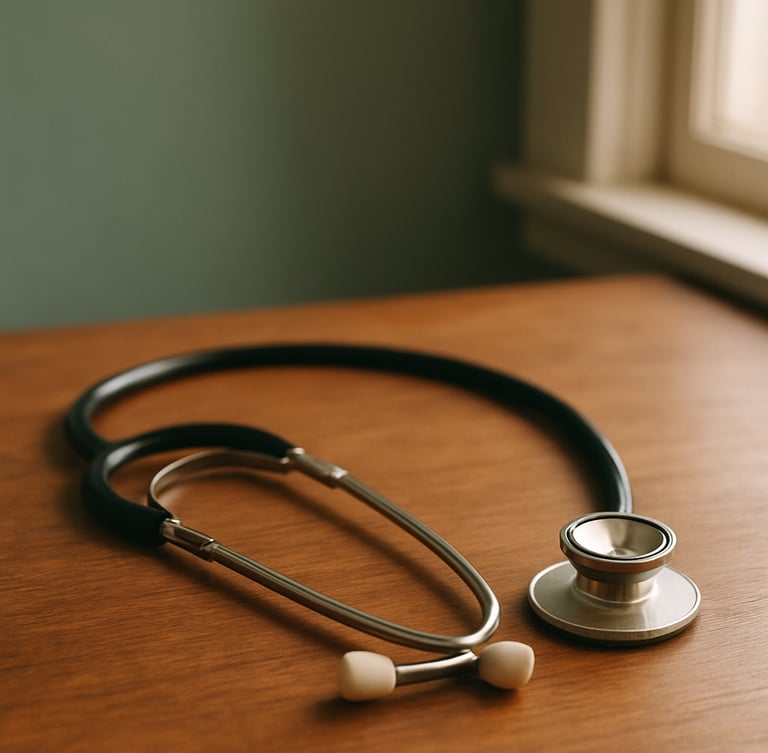 A senior physician's desk with a classic stethoscope resting on a warm wooden surface, soft natural window light, muted sage green background, 35mm photography.