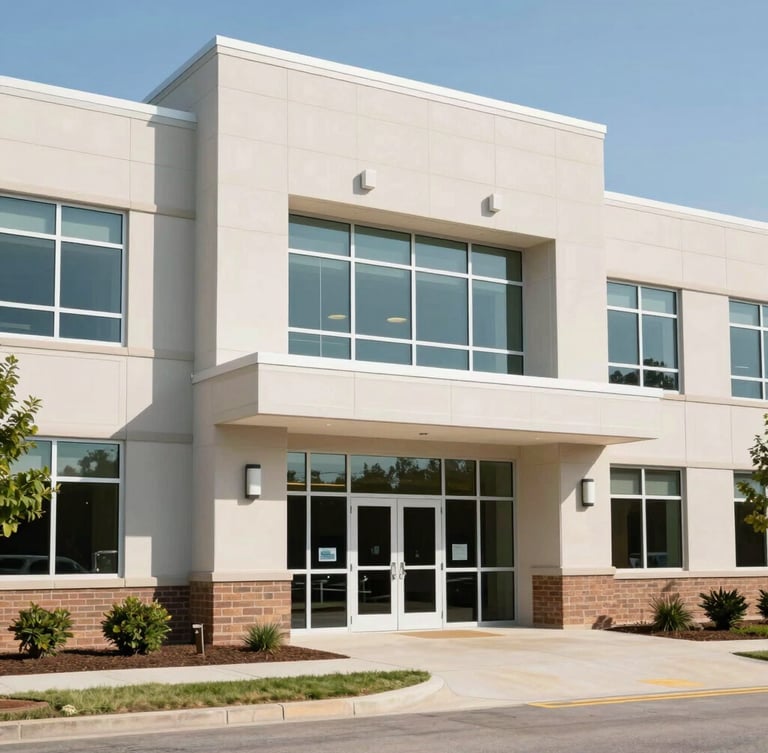 Clean modern architectural exterior of a professional skilled nursing care facility in Kansas, bright daylight, structured framing.