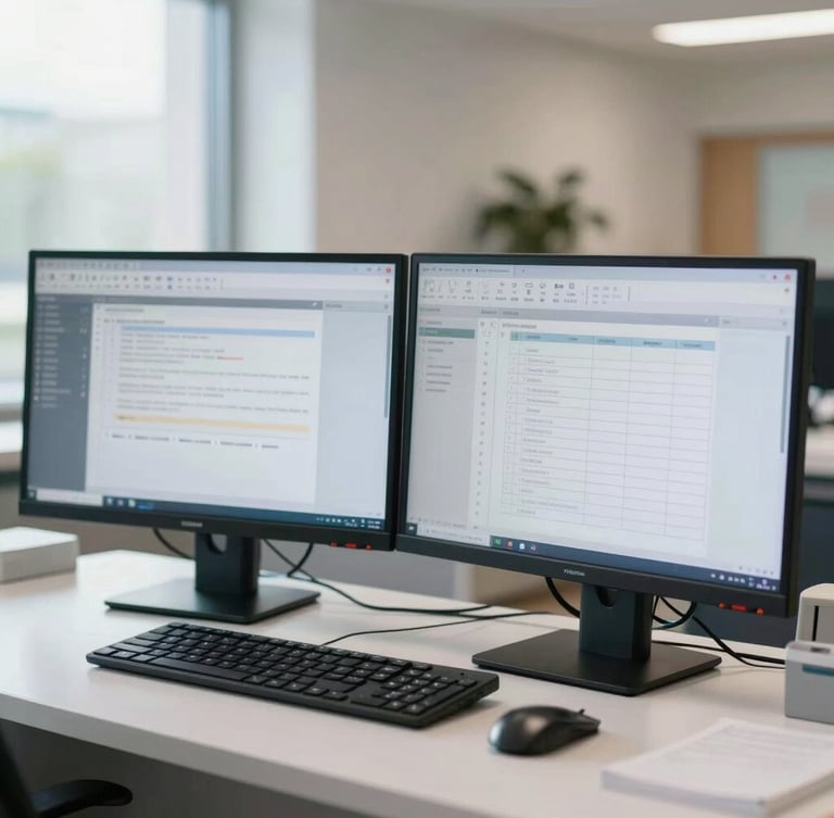 Straight-on structured shot of a clean, modern skilled nursing facility business office, bright natural daylight, cool slate cast, dual monitors displaying blurred spreadsheets.