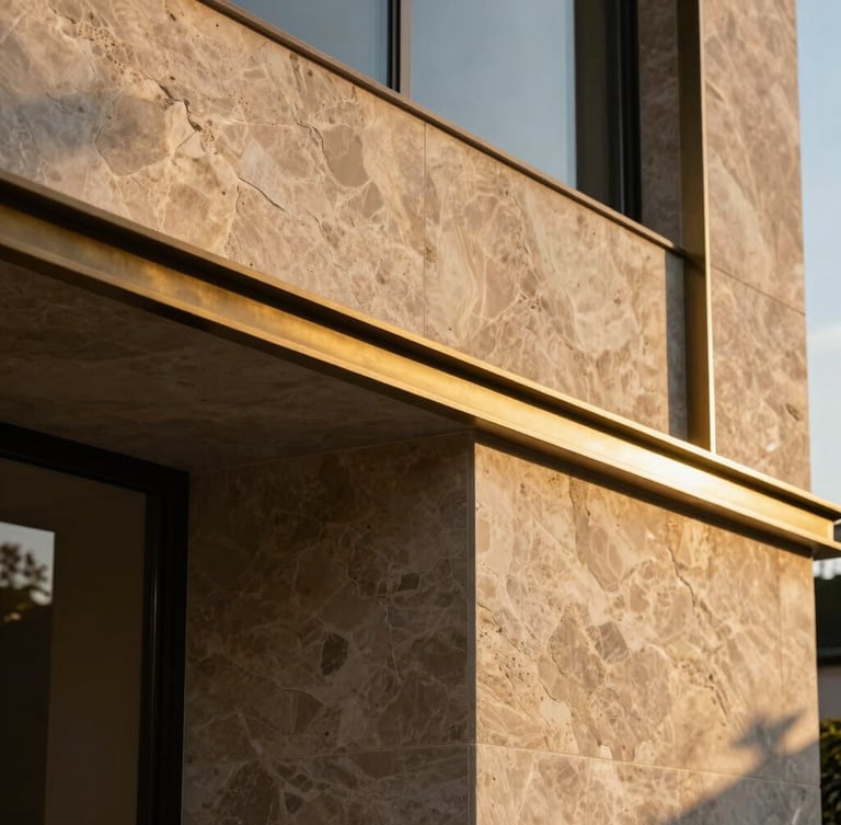 Extreme close-up of premium raw textured stone and polished brass detailing on a minimalist villa exterior, sharp geometric shadows, golden hour light