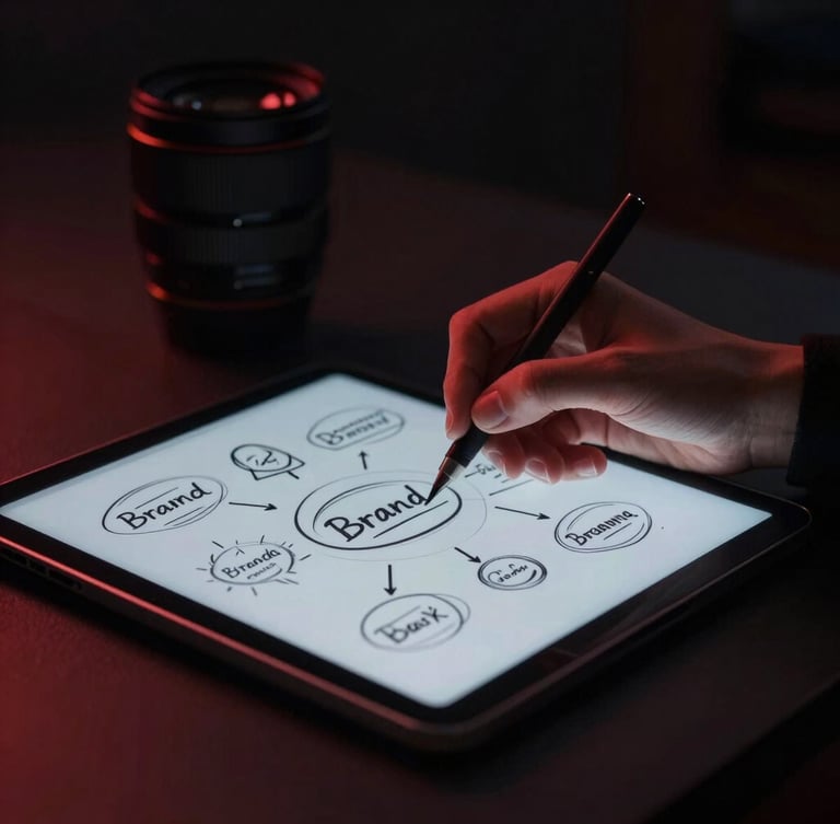 Cinematic shot of a designer's hands sketching a brand strategy on a tablet, moody studio lighting, deep obsidian tones with crimson highlights, sharp 35mm lens