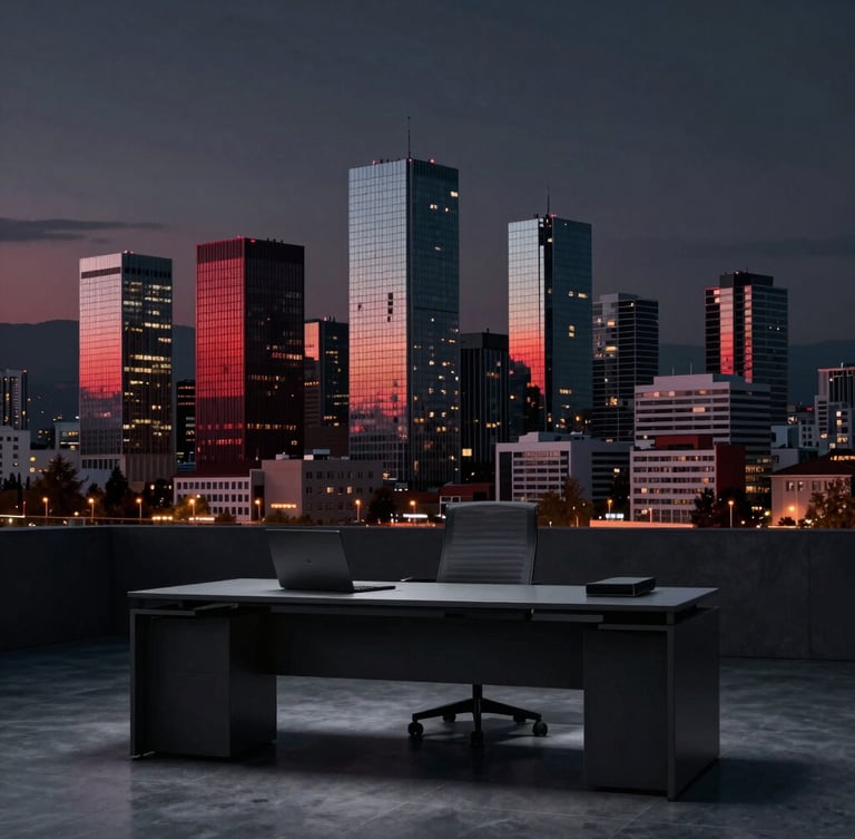 Cinematic wide shot of a modern European city skyline at dusk, Skopje in the background, with a sleek, minimalist business desk setup in the foreground, moody lighting, crisp detail.