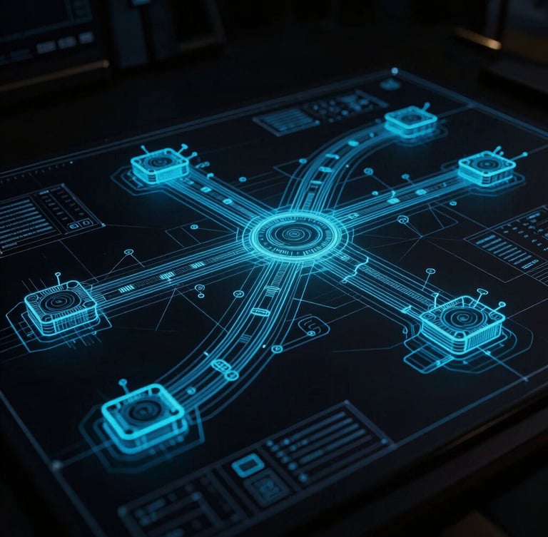 Technical blueprint schematic of inter-dimensional gateways, rendered with sharp cyan lines on a dark obsidian background, high-contrast, wide architectural perspective, low-key moody blue luminescence.