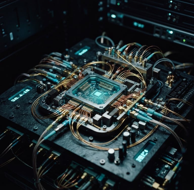Macro shot of a high-end quantum server node emitting faint cyan light, cold obsidian surfaces, high-contrast technical blueprint overlay, 35mm cinematic photography