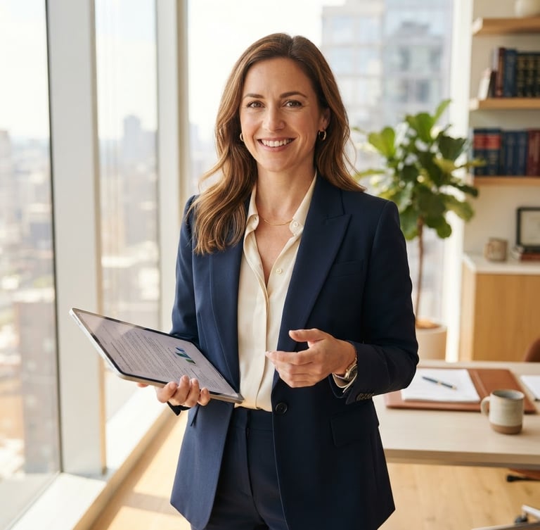 Approachable legal professional in a bright, modern sunlit workspace, smiling, holding a digital tablet, soft warm tones, professional and welcoming editorial photography