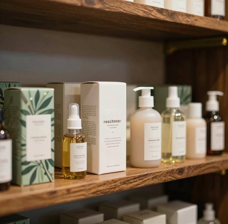 Warm editorial shot of clean product packaging arranged neatly on dark wooden shelves inside a sunlit apothecary, brass accents, shallow depth of field.