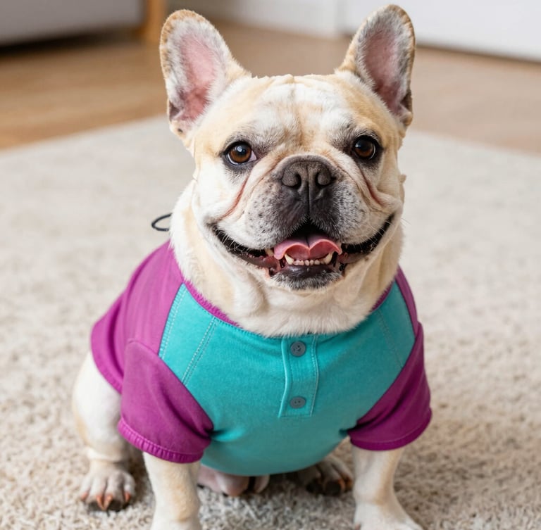 Close-up of a happy French Bulldog sitting comfortably on a soft rug, wearing a perfectly fitted colorful pet shirt, showing high-quality handcrafted stitching details