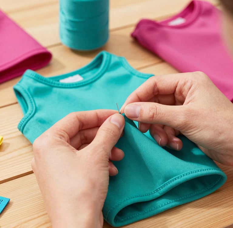 Close-up of hands carefully stitching a vibrant teal pet garment on a wooden table, colorful fabrics and threads in the background, soft warm lighting.